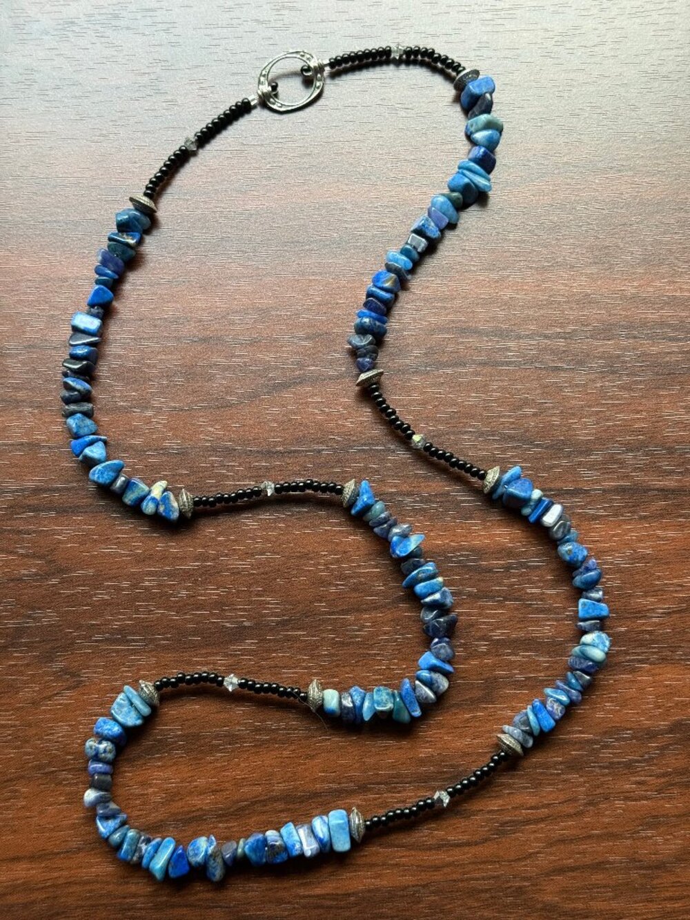 Reclaimed Blue and Black Beaded Long Necklace in Stone, Metal, Glass, Crystal